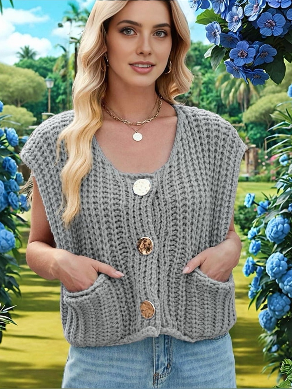 UEU Womens Sleeveless Chunky Knit Sweater Vest, Pockets-Gold Buttons XL Gray NEW